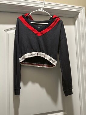 Tommy Hilfiger Dark Gray Cropped Hoodie with Red Trim